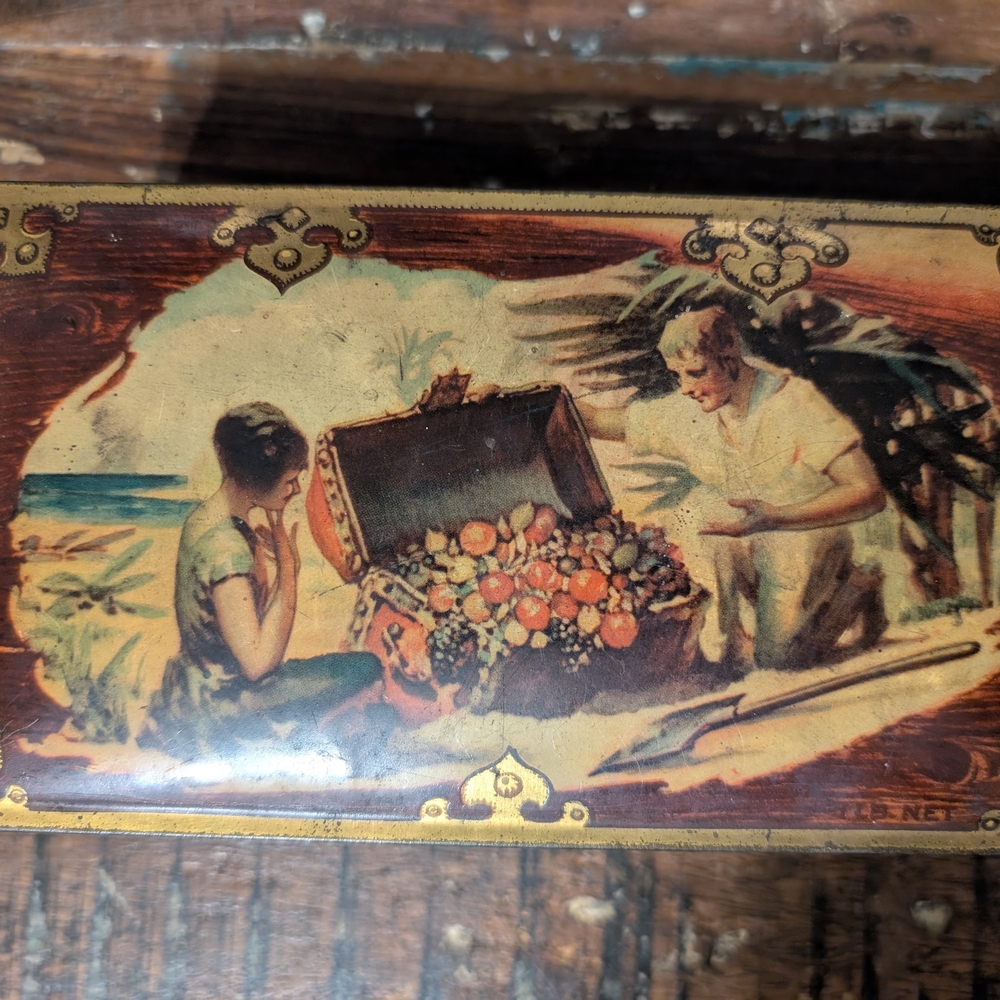 Vintage Decorative Tin with Treasure Scene